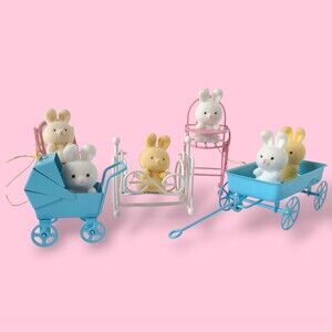 Vtg Flocked Easter Bunny Ornaments Miniature Metal Wagon Decor Kitsch Lot Of 5